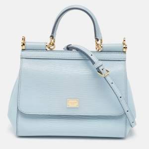 Dolce & Gabbana Light Blue Lizard Embossed Leather Small Miss Sicily Top Handle Bag