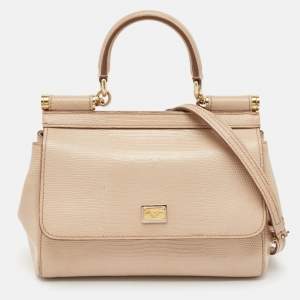 Pre Owned Dolce & Gabbana Beige Lizard Embossed Leather Small Miss Sicily Top Handle Bag