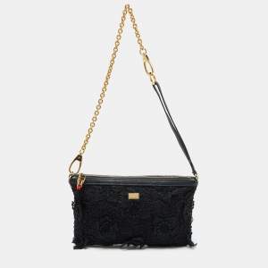 Pre Owned Dolce & Gabbana Black Lace and Leather Shoulder Bag