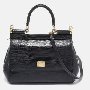 Pre Owned Dolce & Gabbana Black Lizard Embossed Leather Small Miss Sicily Top Handle Bag