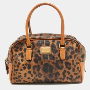 Dolce & Gabbana Brown/Black Leopard Coated Canvas and Leather Logo Satchel