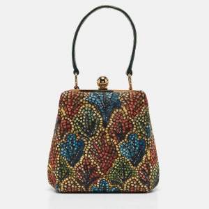 Pre Owned Dolce & Gabbana Multicolor Printed Fabric and Crocodile Frame Top Handle Bag
