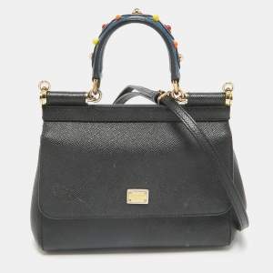 Dolce & Gabbana Black Leather Small Studded Miss Sicily Top Handle Bag