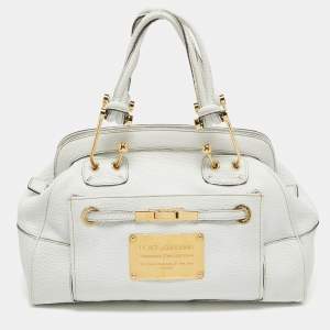 Pre Owned Dolce & Gabbana White Leather Logo Frame Satchel