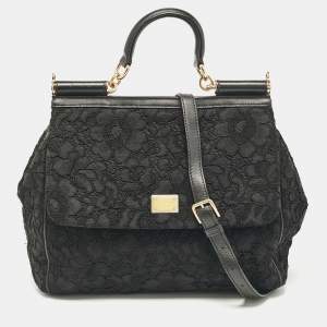 Dolce & Gabbana Black Lace Fabric Large Miss Sicily Top Handle Bag