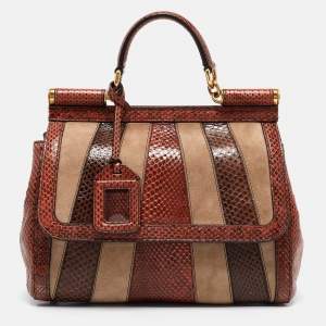 Pre Owned Dolce & Gabbana Multicolor Suede and Python Stripe Miss Sicily Top Handle Bag