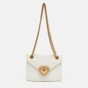 Pre Owned Dolce & Gabbana White Leather Devotion Chain Shoulder Bag