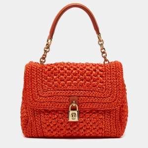 Dolce & Gabbana Orange Crochet Straw Padlock Top Handle Bag