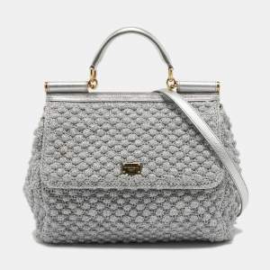 Dolce & Gabbana Silver Crochet Lurex Fabric and Leather Large Miss Sicily Top Handle Bag