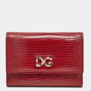 مملوكة مسبقًا Dolce & Gabbana Red Lizard Embossed Leather DG Crystals Trifold Wallet