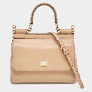 Pre Owned Dolce & Gabbana Beige Leather Small Miss Sicily Top Handle Bag
