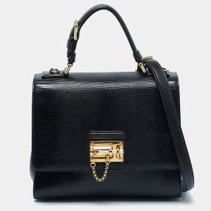 Pre Owned Dolce & Gabbana Black Lizard Embossed Leather Medium Miss Monica Top Handle Bag