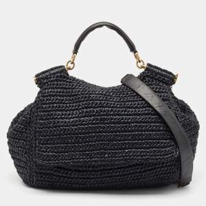 Dolce & Gabbana Black Crochet Straw and Leather Large Miss Sicily Top Handle Bag