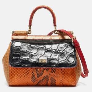 Pre Owned Dolce & Gabbana Multicolor Python, Croc and Leather Small Miss Sicily Top Handle Bag