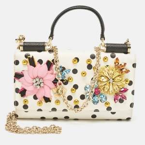 Pre Owned Dolce & Gabbana White/Black Polka Dot Print Leather Miss Sicily Von Embellished Wallet on Chain