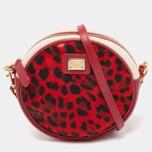 Dolce & Gabbana Red/Pink Leopard Calfhair and Leather Round Crossbody Bag
