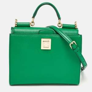 Pre Owned Dolce & Gabbana Green Leather Twist Lock Flap Top Handle Bag