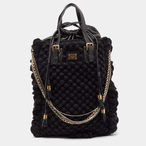 Dolce & Gabbana Black Crochet Fabric and Leather Drawstring Tote