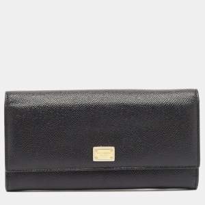 Pre Owned Dolce & Gabbana Black Leather Flap Continental Wallet