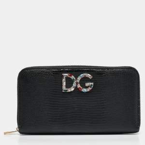 Dolce & Gabbana Black Lizard Embossed Leather DG Crystals Zip Continental Wallet