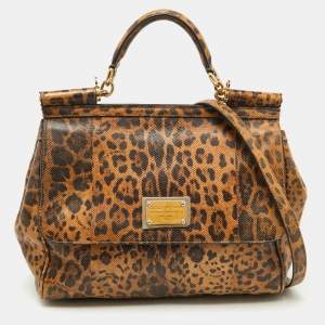 Pre Owned Dolce & Gabbana Brown Karung Leather Leopard Print Large Miss Sicily Top Handle Bag