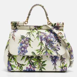 Pre Owned Dolce & Gabbana White/Multicolor Printed Leather Medium Miss Sicily Top Handle Bag