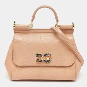 Pre Owned Dolce & Gabbana Beige Lizard Embossed Leather Medium Miss Sicily Top Handle Bag