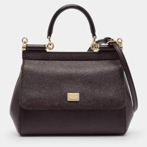 Dolce & Gabbana Burgundy Leather Small Miss Sicily Top Handle Bag