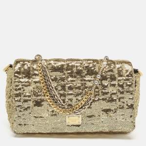 Pre Owned Dolce & Gabbana Gold Quilted Sequins Miss Charles Shoulder Bag