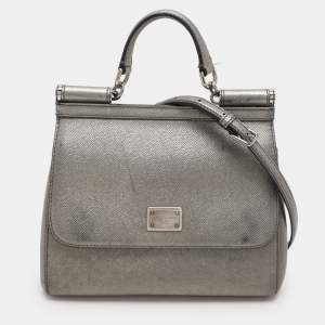 Dolce & Gabbana Silver Leather Medium Miss Sicily Top Handle Bag
