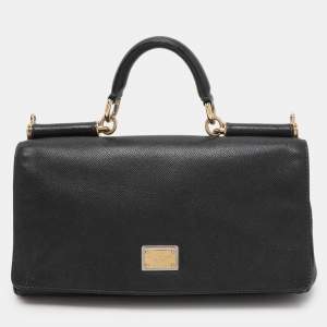 Dolce & Gabbana Black Leather Miss Sicily Chain Top Handle Bag