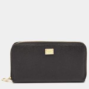 Pre Owned Dolce & Gabbana Black Leather Zip Continental Wallet