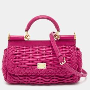 Dolce & Gabbana Fuchsia Leather Small Woven Sicily East West Top Handle Bag