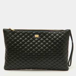 Pre Owned Dolce & Gabbana Black Quilted Leather Top Zip Pouch