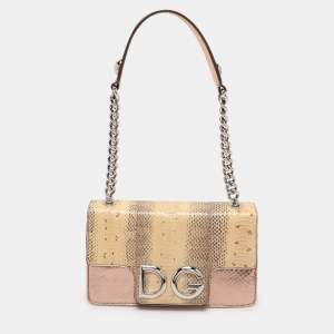 Pre Owned Dolce & Gabbana Beige/Rose Gold Leather and Snakeskin Leather DG Shoulder Bag
