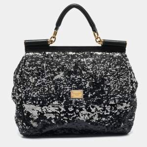 Dolce & Gabbana Black/Silver Sequins Large Miss Sicily Top Handle Bag