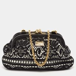 Dolce & Gabbana Black/White Leather and Lace Kiss Lock Chain Clutch