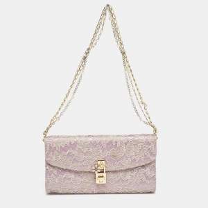 Dolce & Gabbana Pink Lace and Satin Padlock Chain Clutch