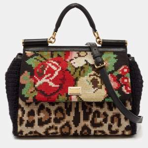 Pre Owned Dolce & Gabbana Black Crochet and Leather Floral Miss Sicily Top Handle Bag