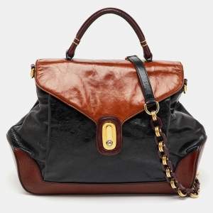 Dolce & Gabbana Brown/Black Glossy Leather Miss Lantana Top Handle Bag