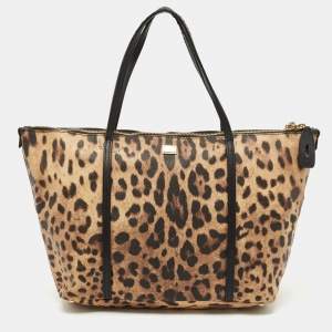 Dolce & Gabbana Black/Brown Leopard Print Coated Canvas Miss Escape Zip Tote