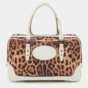 Dolce & Gabbana White/Brown Leopard Print Fabric and Leather Satchel
