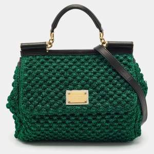 Dolce & Gabbana Metallic Green Crochet Lurex Fabric Large Miss Sicily Top Handle Bag