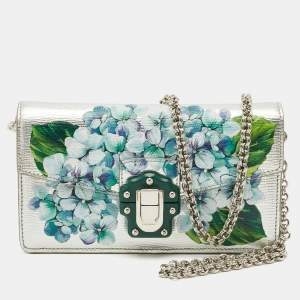 Dolce & Gabbana Silver Floral Print Leather Lucia Wallet on Chain