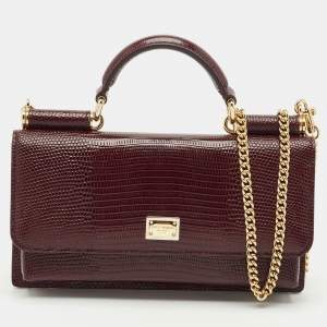 Dolce & Gabbana Dark Burgundy Lizard Embossed Leather Sicily Wallet on Chain