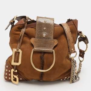 Dolce & Gabbana Brown Nubuck Leather and Snakeskin Studded Shoulder Bag
