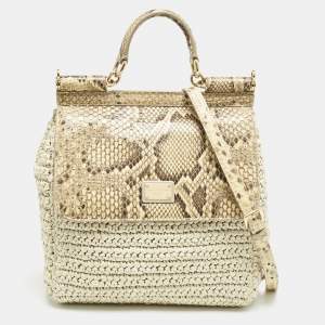 Dolce & Gabbana Beige/Off White Raffia and Python Miss Sicily Top Handle Bag