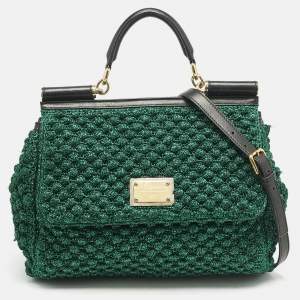 Dolce & Gabbana Green/Black Crochet Lurex Fabric Large Miss Sicily Top Handle Bag