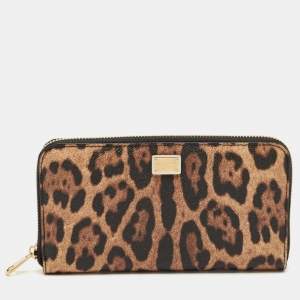 Dolce & Gabbana Beige/Black Leopard Print Coated Canvas Zip Continental Wallet