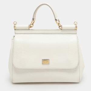 Dolce & Gabbana White Lizard Embossed Leather Medium Miss Sicily Top Handle Bag